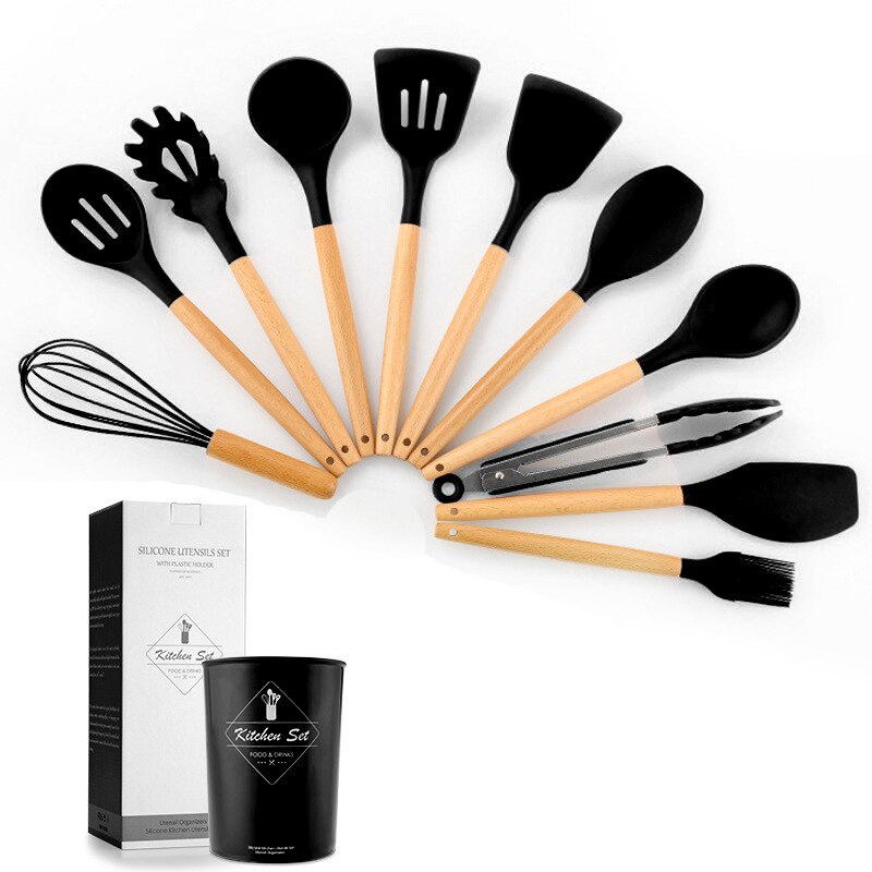 12/6 pièces Silicone cuisine ustensiles de cuisine outils ensemble spatule pelle cuisson ustensiles de cuisine ustensiles de cuisine accessoires de cuisine Gadgets: Blcak