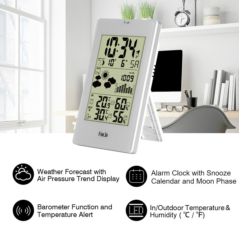 Fanju  fj3352 digitaler schlummerwecker wetterstation mit Barometer prognose temperatur luftfeuchtigkeit kabelloser außensensor