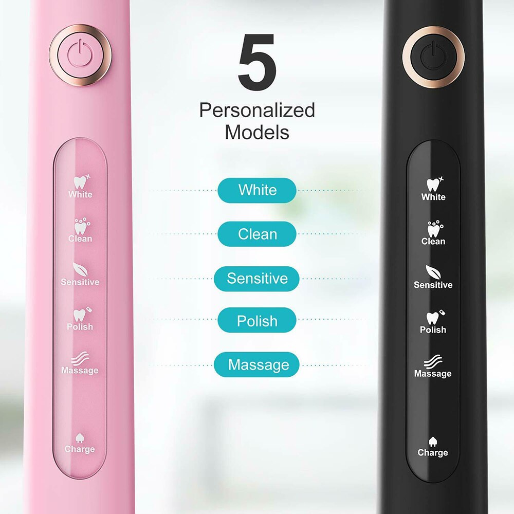 Fairywill Ultrasonic Automatic Electric Toothbrush Timer 5 Modes Rechargeable Toothbrush USB Fast Charging with 3 Brush Heads