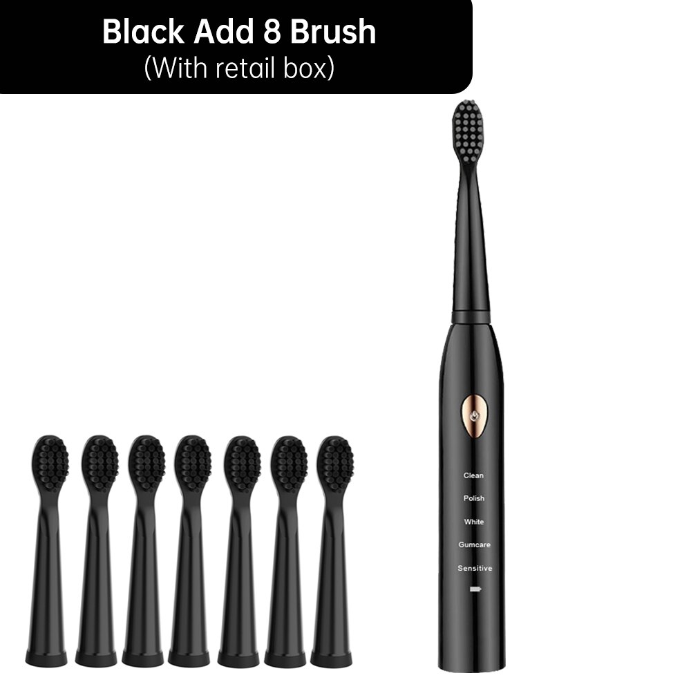 5 modus Smart Elektrische Zahnbürste Automatische Ultra sonic Sonic Zahnbürste Erwachsene IPX7 Wasserdichte USB Aufladbare Zähne Pinsel: Black 8 Brush