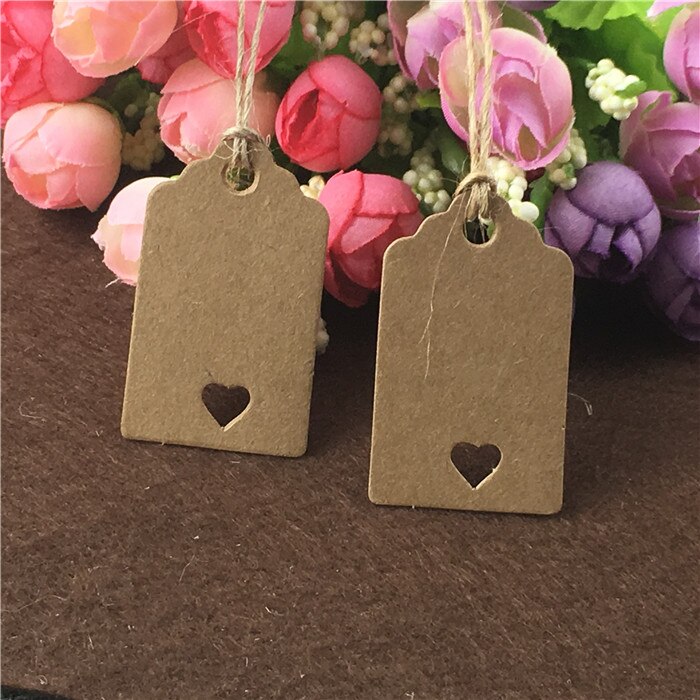 100 stks/partij 5x3 cm Blanco Papier Kleine Tags Kraft Zwart Wit Sieraden Pakket Hang Tag Met 100 stuks snaren: brown