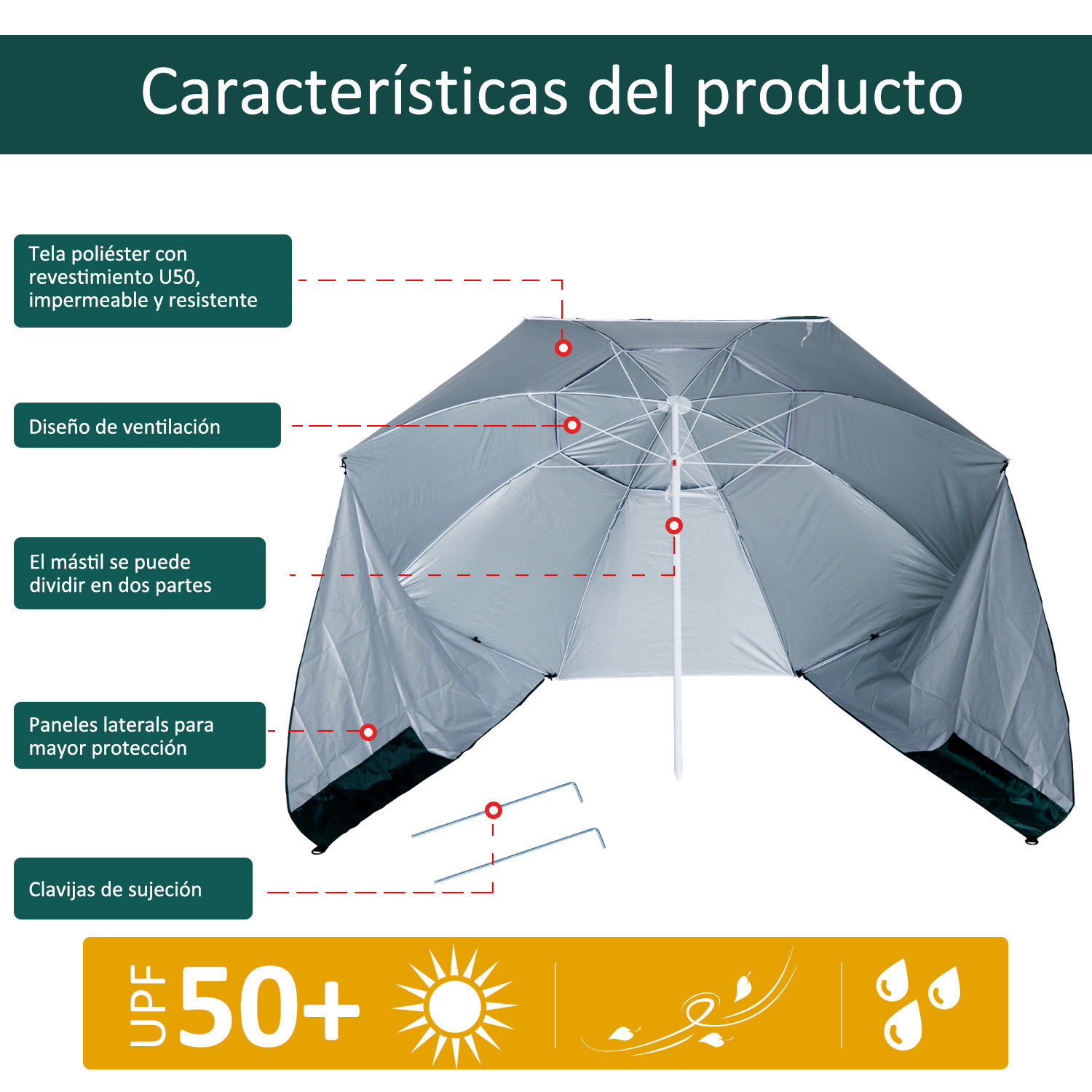Outsunny Sombrilla de Playa con Paravientos tipo Tienda-Parasol Camping 2 Funciones para Protección de rayos UV Φ210x222cm