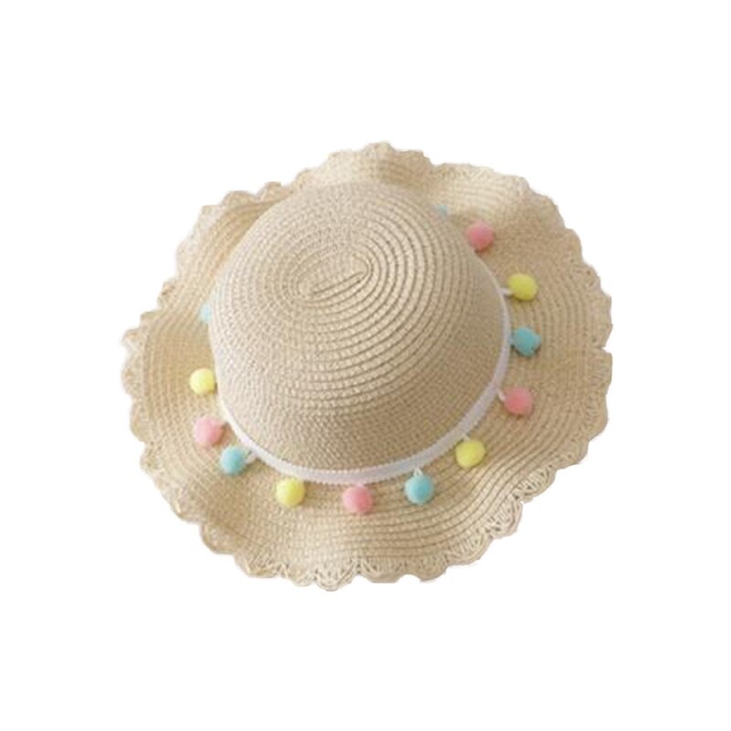 Gorro de paja tejida con ala ancha para niños y niñas, gorro de playa con pompón colorido, cubo flexible, bolso portátil: BB7314BG1