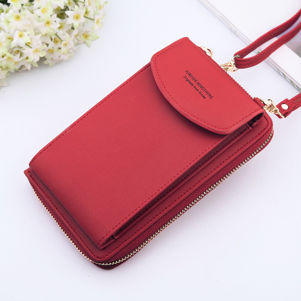 Women Wallet Solid Leather Shoulder Straps Shoulder Bag Mobile Phone Big Card Holders Wallet Handbag Pockets girls: Deep Red