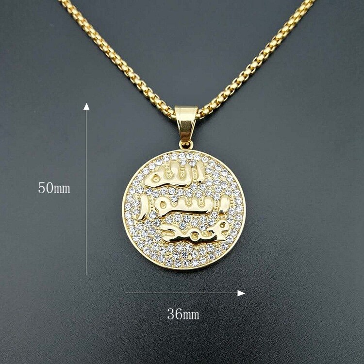 Hip Hop Iced Out Round Allah Pendant Necklace Stainless Steel Islam Muslim Arabic Gold Color Prayer Jewelry: XL1451 / 68cm