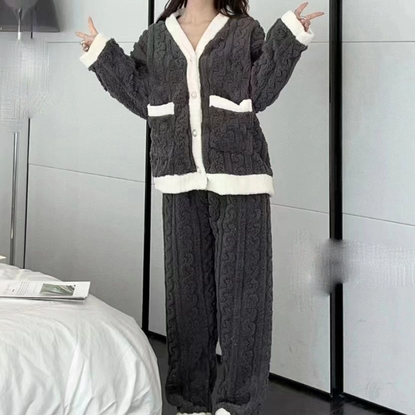 Kvinders pyjamassæt vinter nattøj o-hals løs langærmet top elastisk talje ben buksesæt bukser plus størrelse matchende sæt: M / Hvid