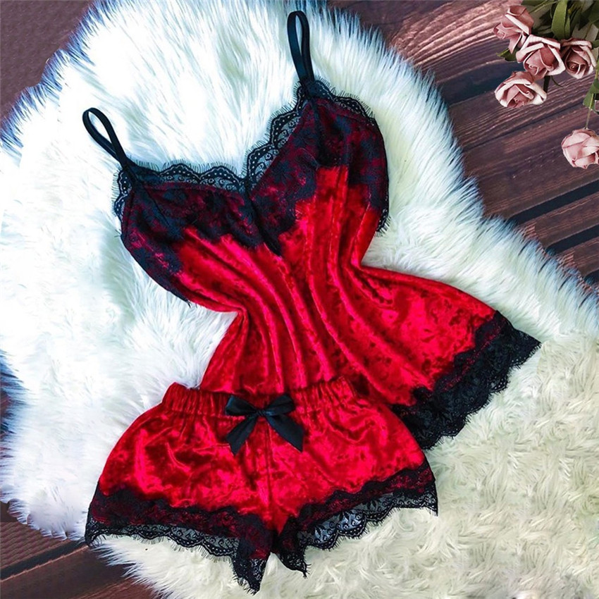 Sommarpyjamas kvinnor sammet rosett sovplagg ärmlös rem nattplagg spetskant cami topp pyjamas set femme sexiga underkläder
