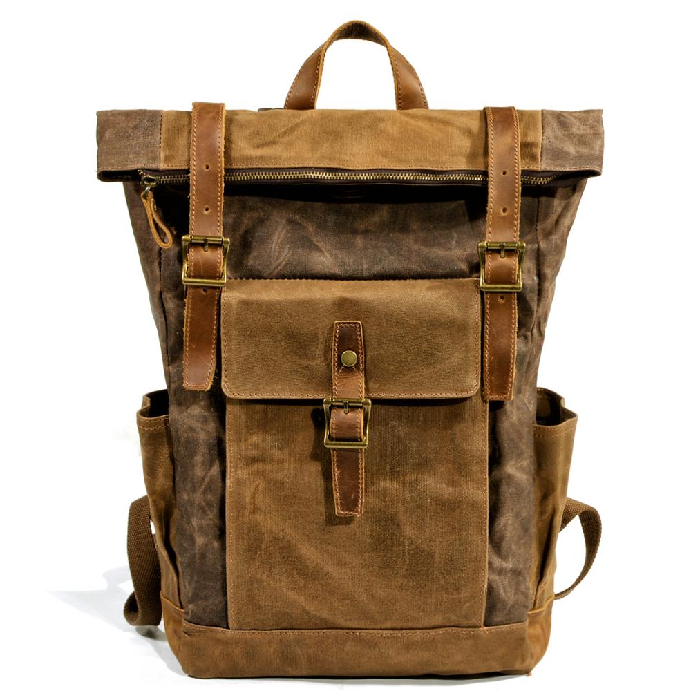 Outdoor Öl Gewachste Leinwand Leder Reise Rucksack männer Luxus Vintage Leinwand Rucksack Große Wasserdichte Rucksack Vintage Tasche: 9120coffee