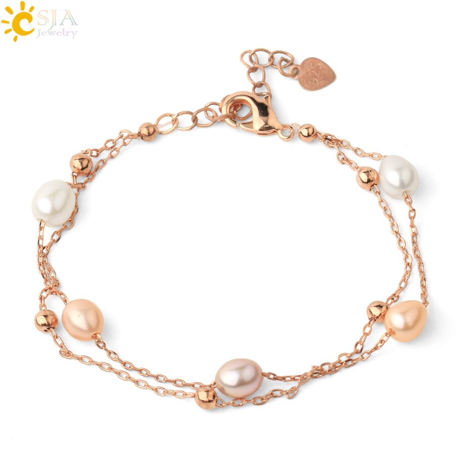 Csja Barokke Onregelmatige Parel Armbanden Rose Goud Kleur Zilver-Kleur Link Chain Verstelbare Armband Voor Vrouwen Charm Sieraden G546: Rose Gold-B