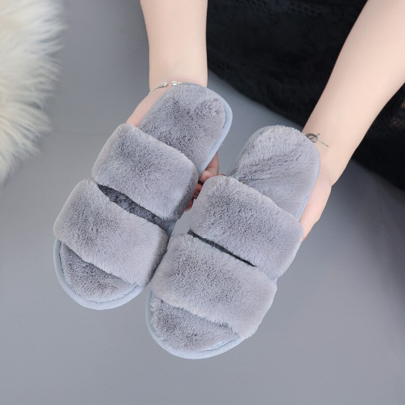 Femmes moelleux hiver pantoufles solide croix en peluche bout ouvert diapositives doux plat femme chaussures fausse fourrure pantoufle maison chaussures: Gris / 36-37
