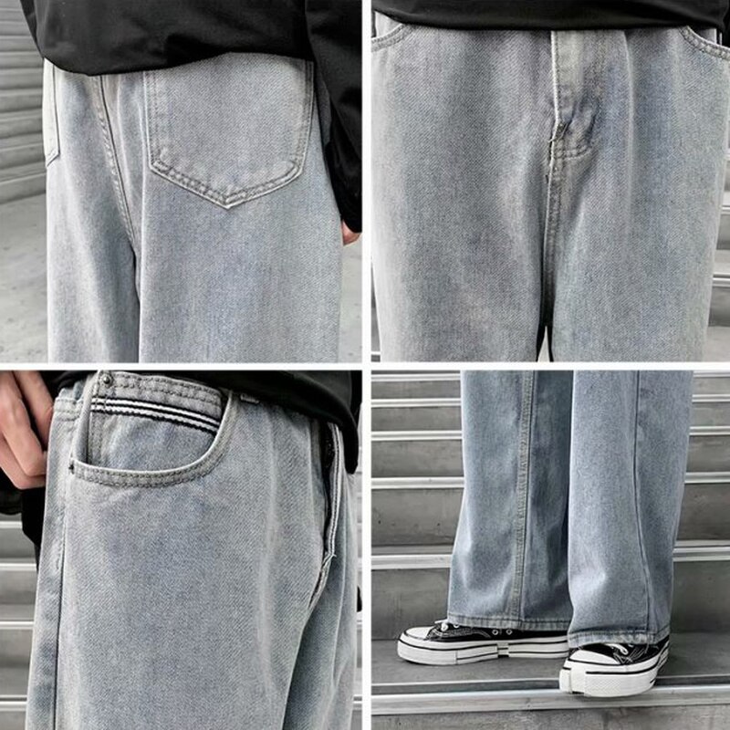 Jeans Hommes Denim D'été Mince Baggy Uni Simple Rétro Lâche Loisirs Grande Taille 3XL Style CORÉEN Lavé Haute Rue Tendance à Jambes Larges