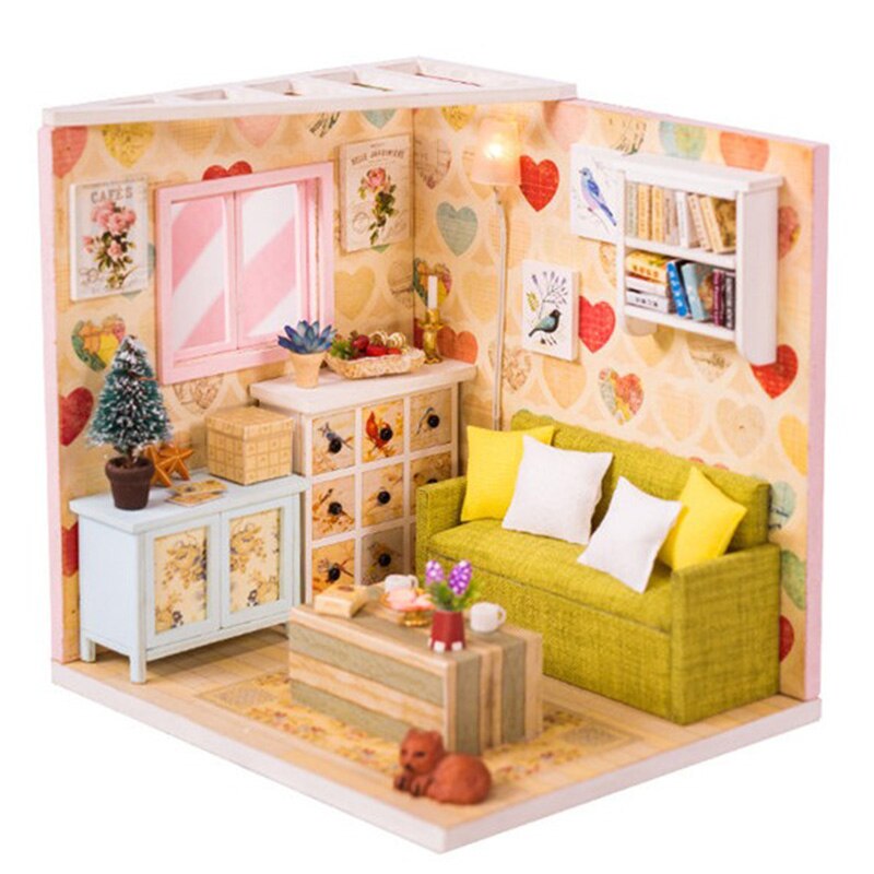 Miniatuur Huis met Kat Pop Accessoires Diy Mini Houten Poppenhuis Tiny Kind Poppenhuis Speelgoed met Stofkap