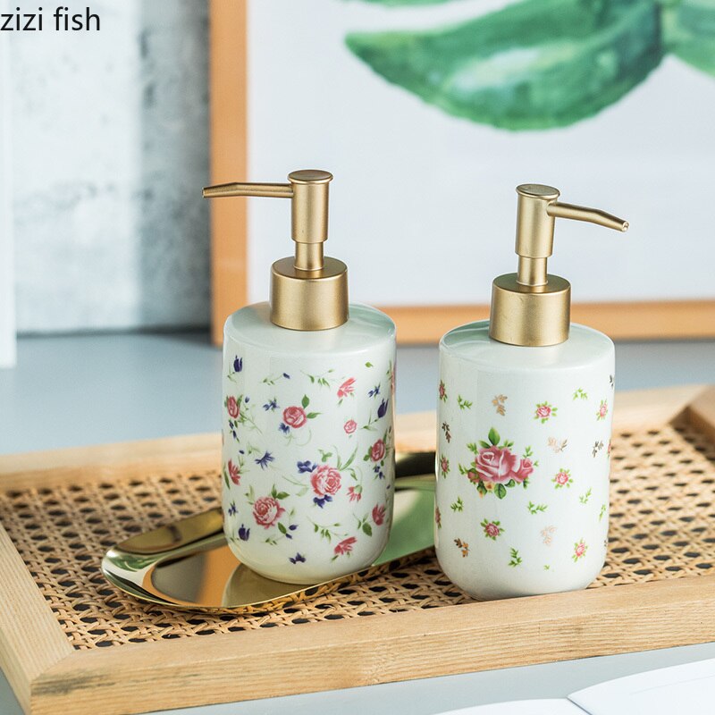American Retro Rose Pattern Ceramic Soap Dispenser Bathroom Shampoo Moisture Bottling Household Push Type Soap Dispenser Decor