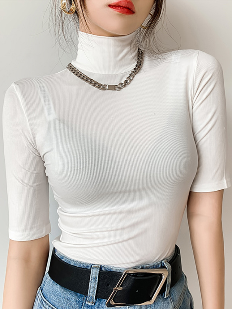 Enkel t-shirt dam polotröja smal t-shirt kortärmad t-shirts dam casual elasticitet vit t-shirt femme topp