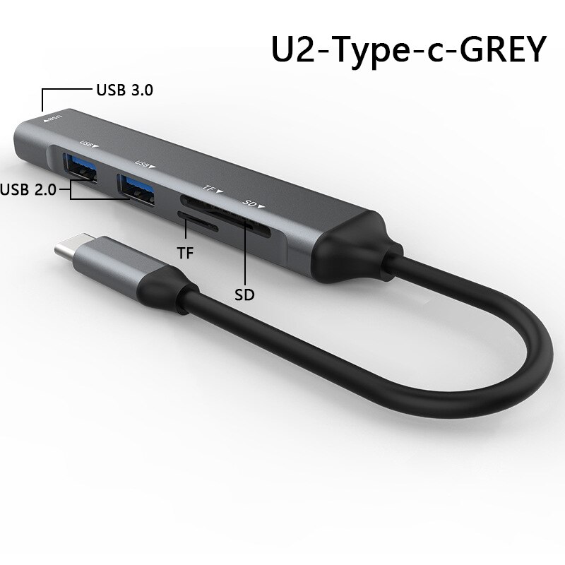UTHAI SRJ Aluminum Alloy USB3.0/type-c Splitter 5 in 1/4 in 1 Docking Hub with Card Reader TF/SD USB3.0*1/2.0*3: U2-Type-c grey