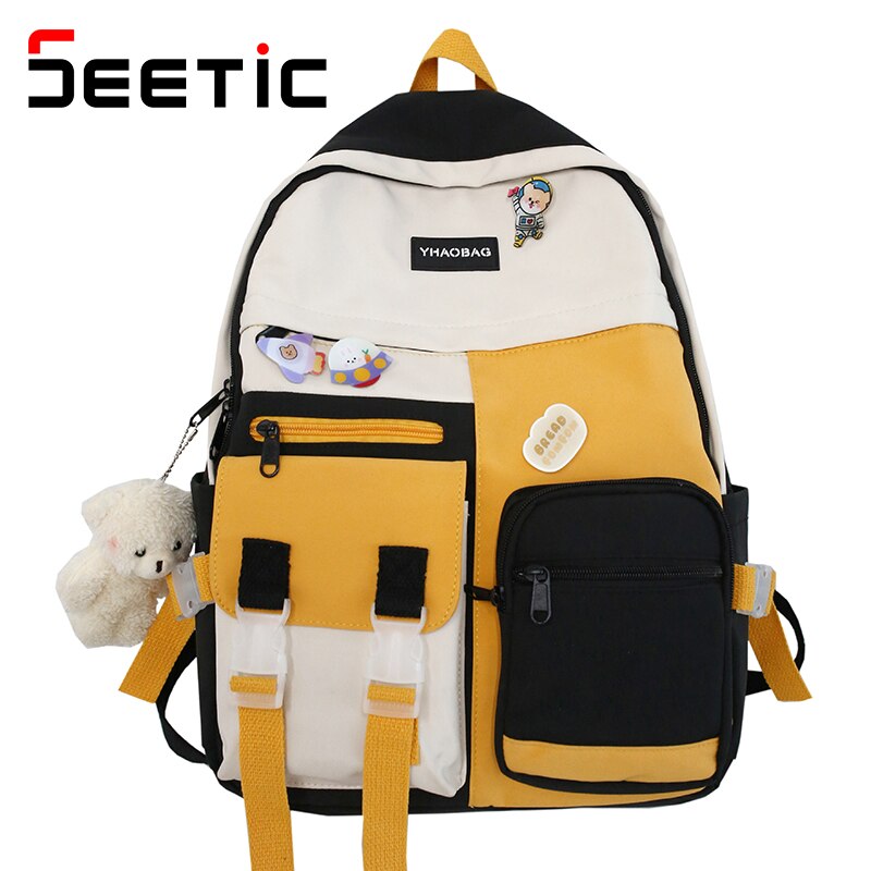 Seetic Kawaii Nylon Vrouwen Rugzak Multi-Pocket Rugzak Voor Tiener Waterdichte Dame Laptop Rugzak Hoge Capaciteit Reistas Vrouwen: Black Backpack / Without pendant