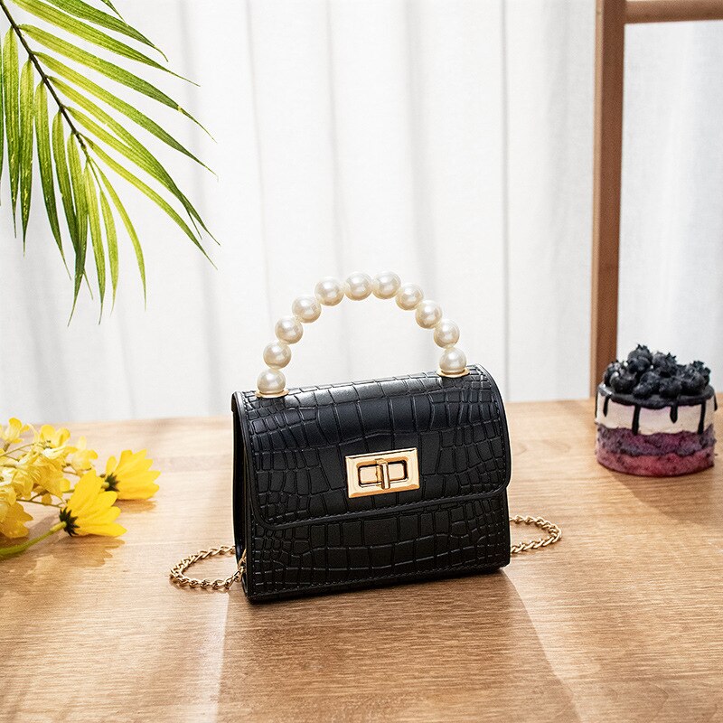 Mini bolso de gelatina de cuero para mujer, cartera de mano con perlas para , monedero,: pearl black