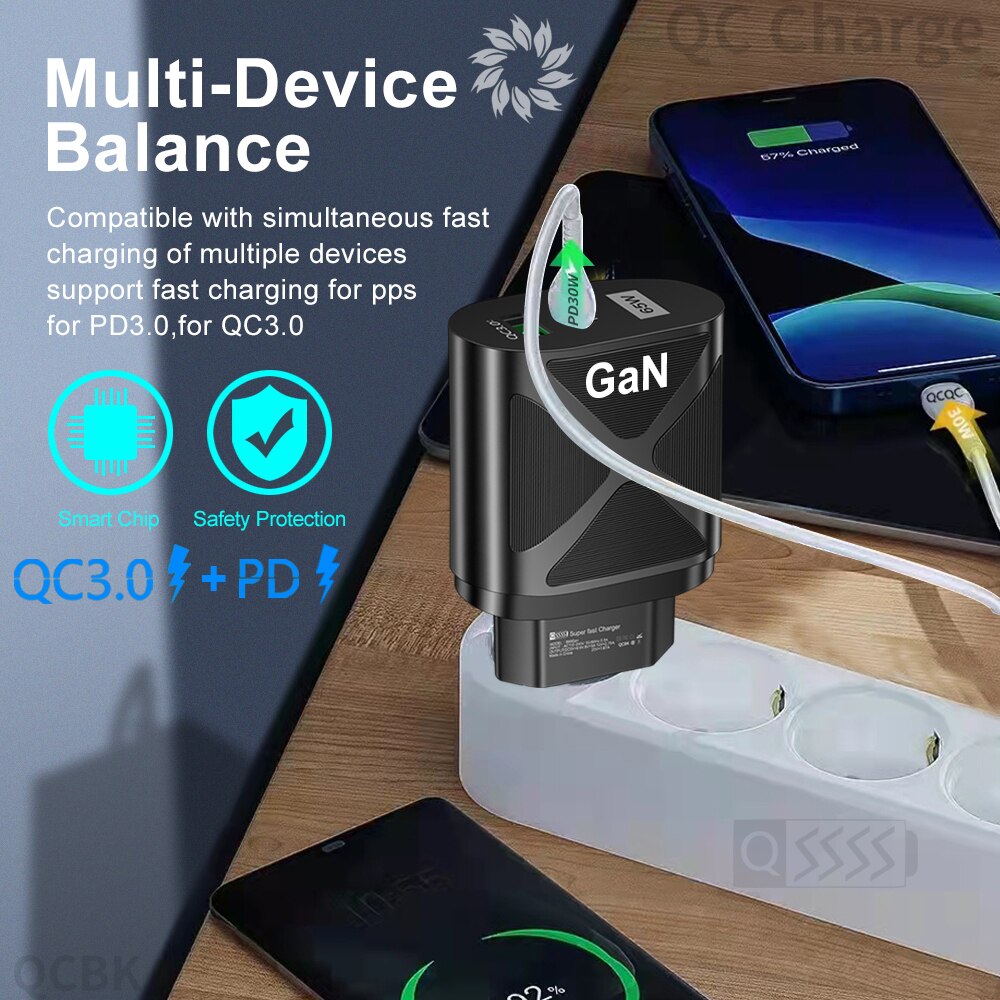 65W USB GaN Charger Type C PD Fast Charging for iPhone 13 12 Pro iPad Mobile Phone Quick Charger QC 3.0 4.0 Wall Adapter Plug