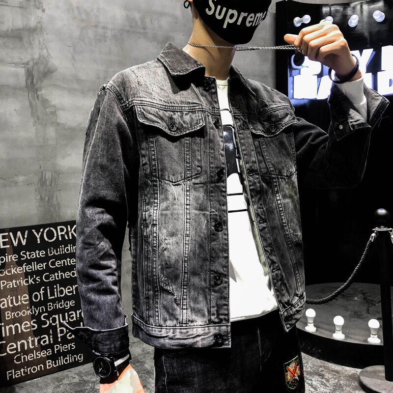 punk style novel wolf embroidery rivet denim jacket men's trend denim jacket street shot men's fit black jacket