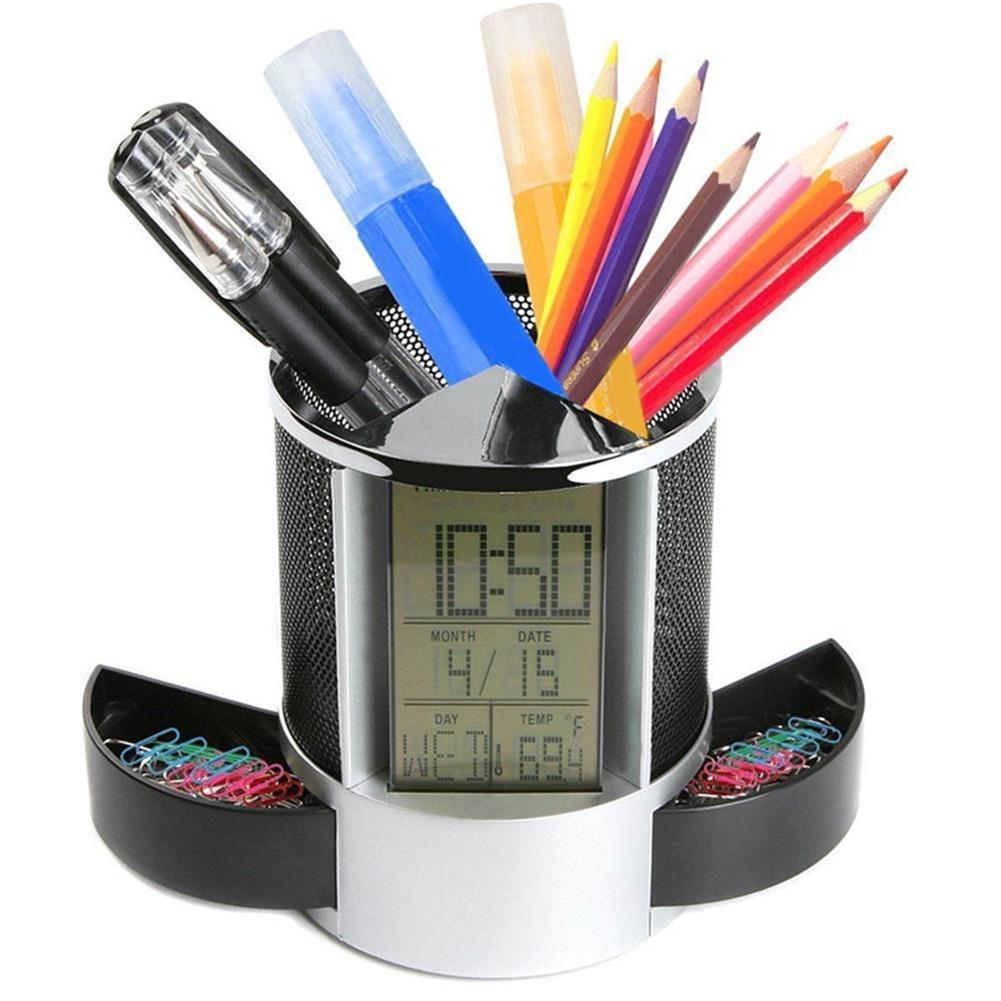 Dauerhafte Büro schule lagerung Büro LCD Wecker Zeit Temperatur Anzeige Hohl Zylinder Stift Bleistift Halfter Schreibtisch Veranstalter