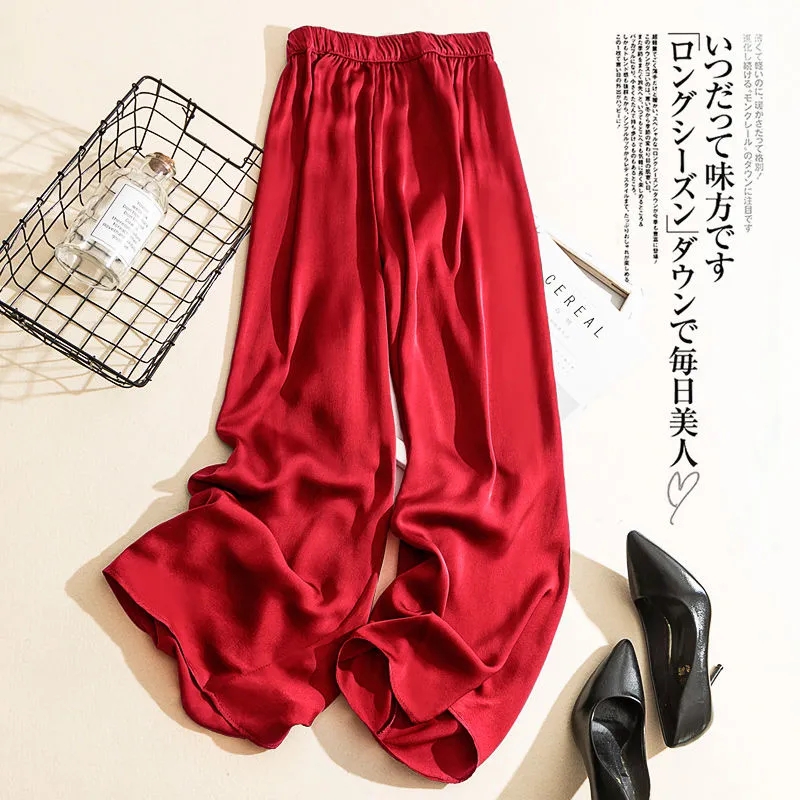 Cupro Wijde Broek Vrouwen Dunne Zomer Casual Broek Koreaanse Versie Van High-Taille Ijs Zijde Acetaat rechte Dweilen Broek: Xxl / Claret