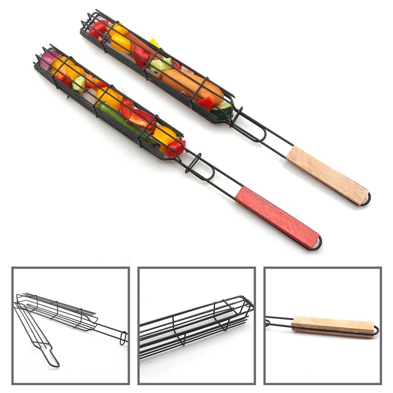 Portable BBQ Grill Basket Handheld Metal Barbecue Tool For sausage Corn sausage With Wood Handle Non-Stick BBQ Holder