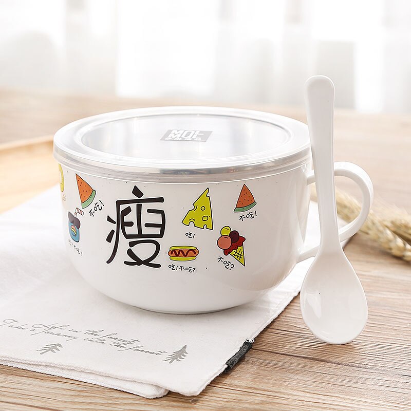 Stainless Steel Double Layer with Lid and Spoon Bowl Set Noodle Bowl Instant Noodle Bowl Anti-scalding Cute Rabbit Cutlery Set: Gold
