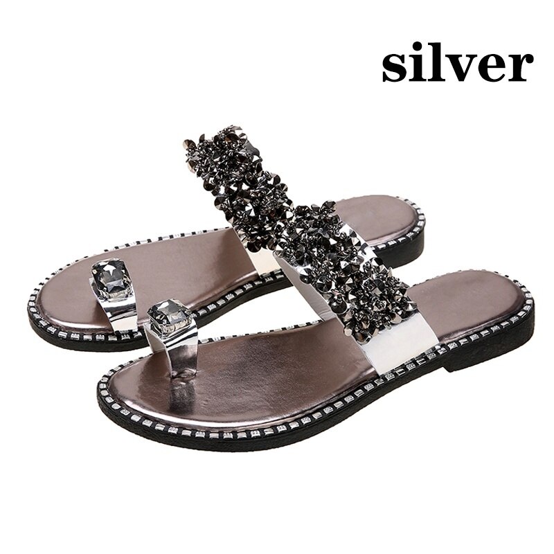 KAMUCC-sandales tendance pour femmes, babouches diamant brillant à talons plats et bout Clip, grande taille: 35 ~ 43,: Argent / 7