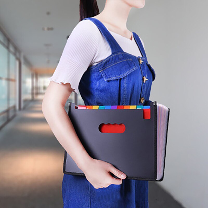 Caixa de arquivo multifuncional e portátil, expansível, 12 bolsos, em plástico, para organização de negócios, escritório