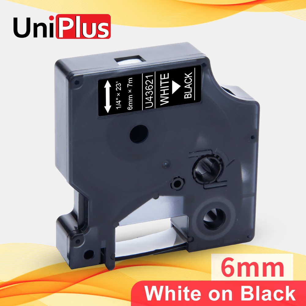 UniPlus 43621 Dymo D1 imprimante d'étiquettes blanc sur noir 6mm étiqueteuse pour LabelManager PnP 280 420P 210D bandes d'étiquettes stratifiées