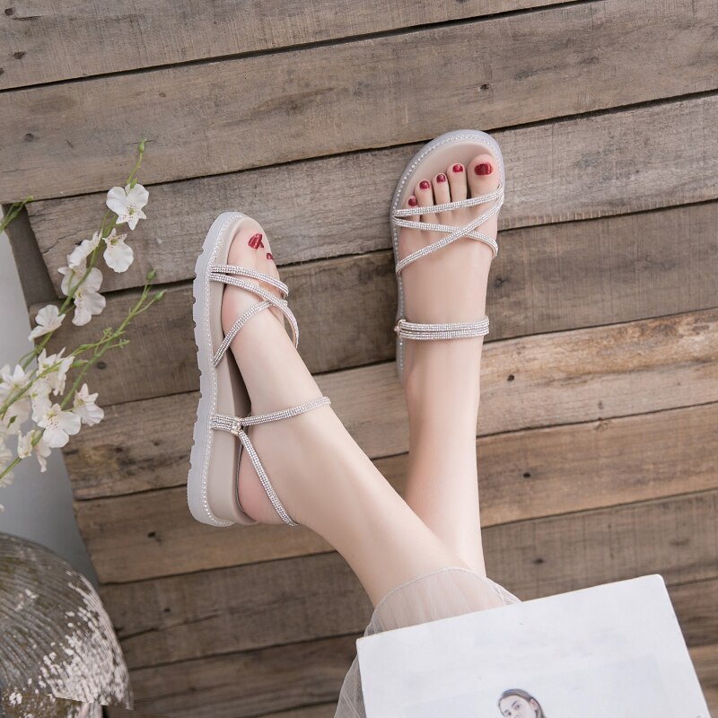 Zomer Platform Schoenen Vrouw Sandalen Platte Sandalias Gladiator Rhinestone Clear Strand Sandalen Transparante Slippers Slides