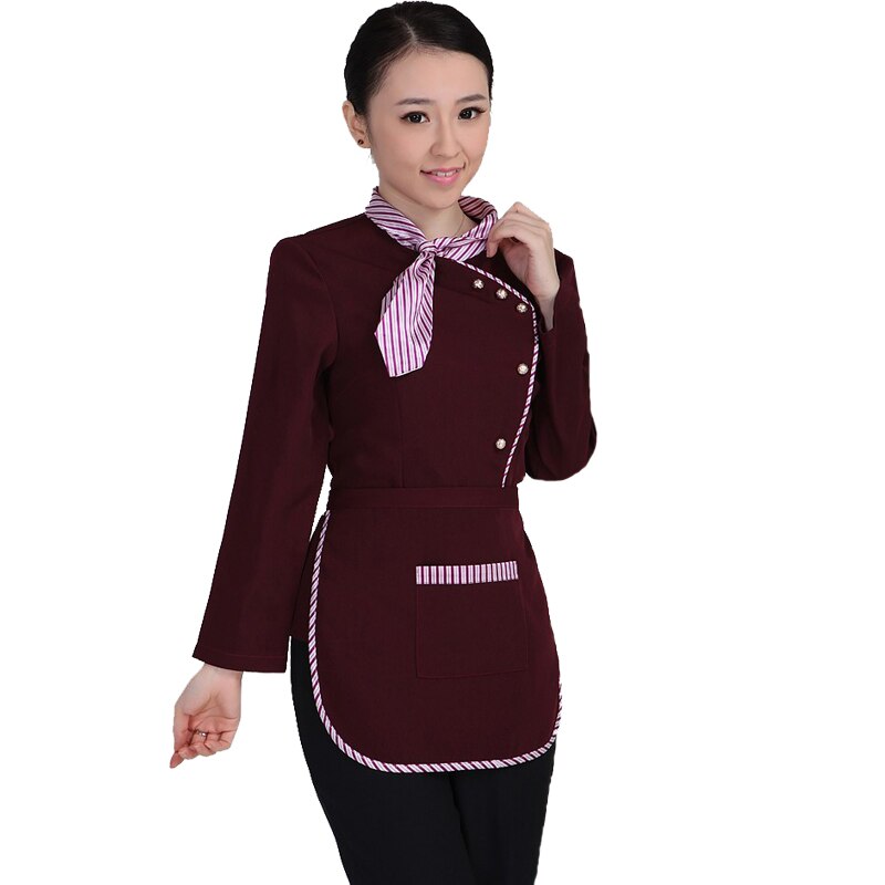 Long Sleeve Restaurant Waiter Uniform for Women Hotel Waitress Working Uniform Autumn Fast Food Waiter Tops +Apron Work Wear 89