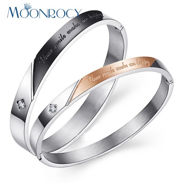 MOONROCY Crystal Titanium Steel Bangle Bracelet Jewelry words Fadeless Couple Bracelet Rose Gold / Silver Color