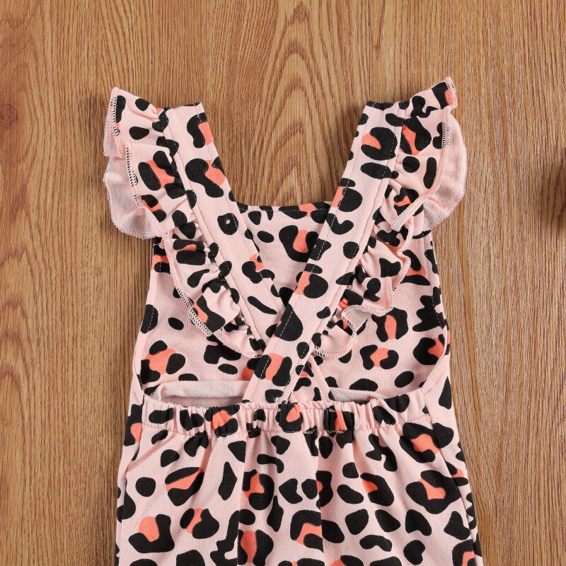 Infantile enfants bébé imprimé léopard combinaison, enfant en bas âge garçon fille sans manches col carré bouton bretelles pantalons longs barboteuse avec poche