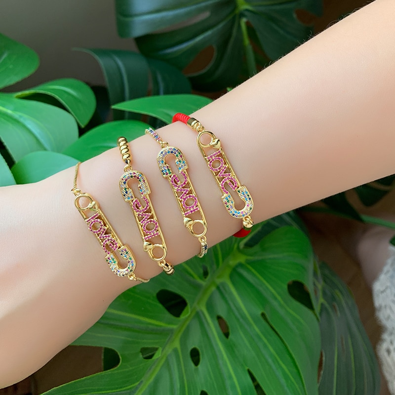 Gold Copper Inlaid Zircon Beaded Pin Letter Love Bracelet Bracelet Women CZ Rainbow Turkish Blue Eye Bracelet Girls