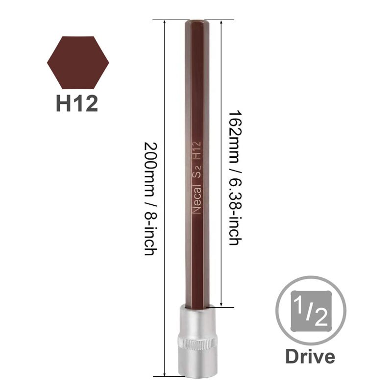 1/2" Drive x 4mm 5mm 6mm 8mm 10mm 12mm 14mm Hex Bit Socket, 200mm Long Metric, S2 &amp; Cr-V Steel: 200LxH12