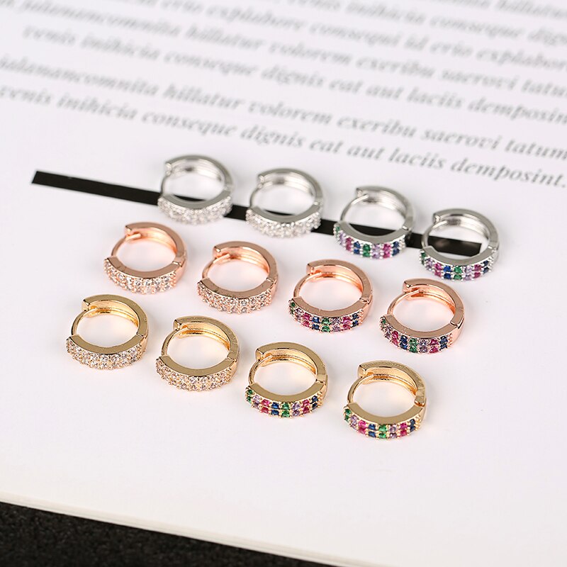 Zwei Ebenen Zirkon Stein Kleine Band Ohrringe Für Frauen Mehrfarbig glänzend Regenbogen Huggies Charme durchbohren Ohrring Schmuck Größe 10mm