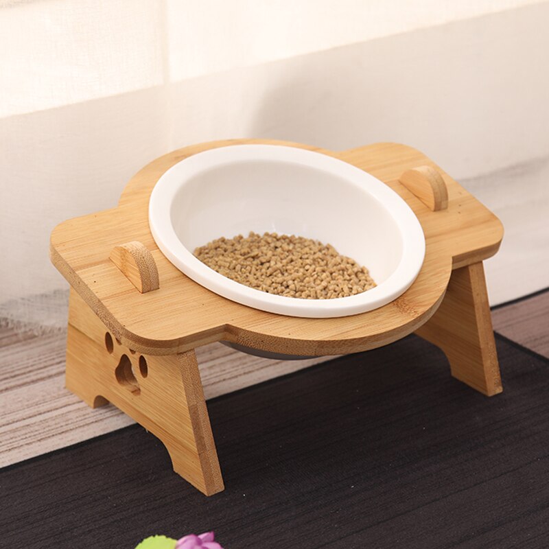Cuencos de cerámica para perros y gatos, cuencos de acero inoxidable para comida de mascotas, vajilla de agua, cuenco con marco de bambú, suministros para mascotas