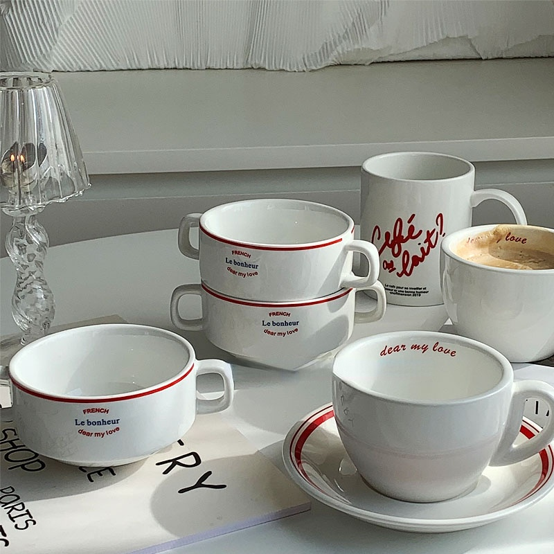 Ladycc fransk alfabet dobbelt øre keramisk skål havregryn yoghurt skål keramisk kaffekop latte kop restaurant morgenmadsskål
