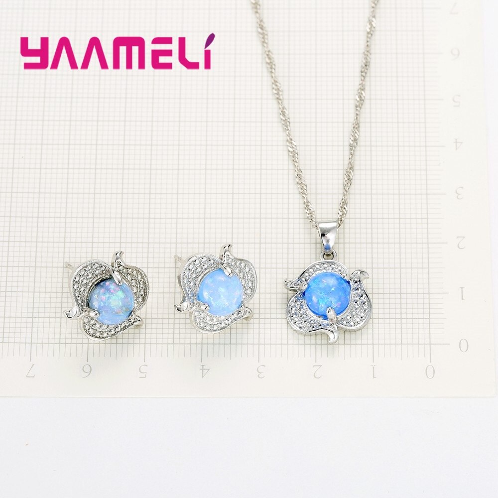 925 Sterling Silver Two Colors Opal Stone Pendant Necklace Earrings Jewelry Sets For Women Ladies Clear Cubic Zirconia