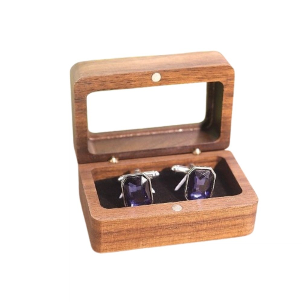 Caja de anillo de madera con doble ranura, ventana de apertura Rectangular, caja de gemelos de nogal negro, exquisito soporte para anillo de joyería a prueba de polvo: Gris