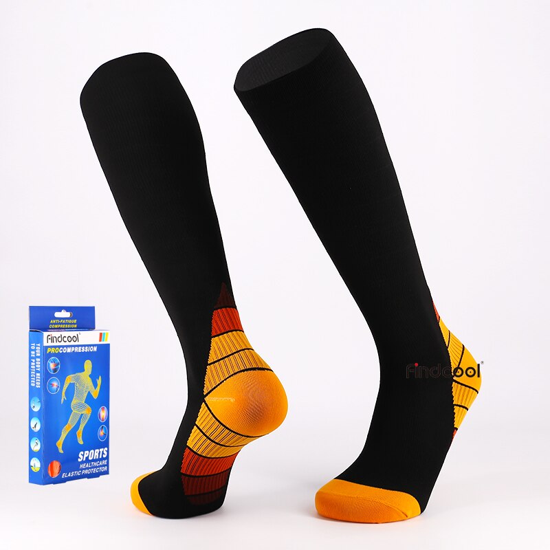 Findcool Knee High Compression Socks Outdoor Sports Socks Running Cycling Travel Boost Stamina Long Sock for Men Women: Black Orange / L/XL