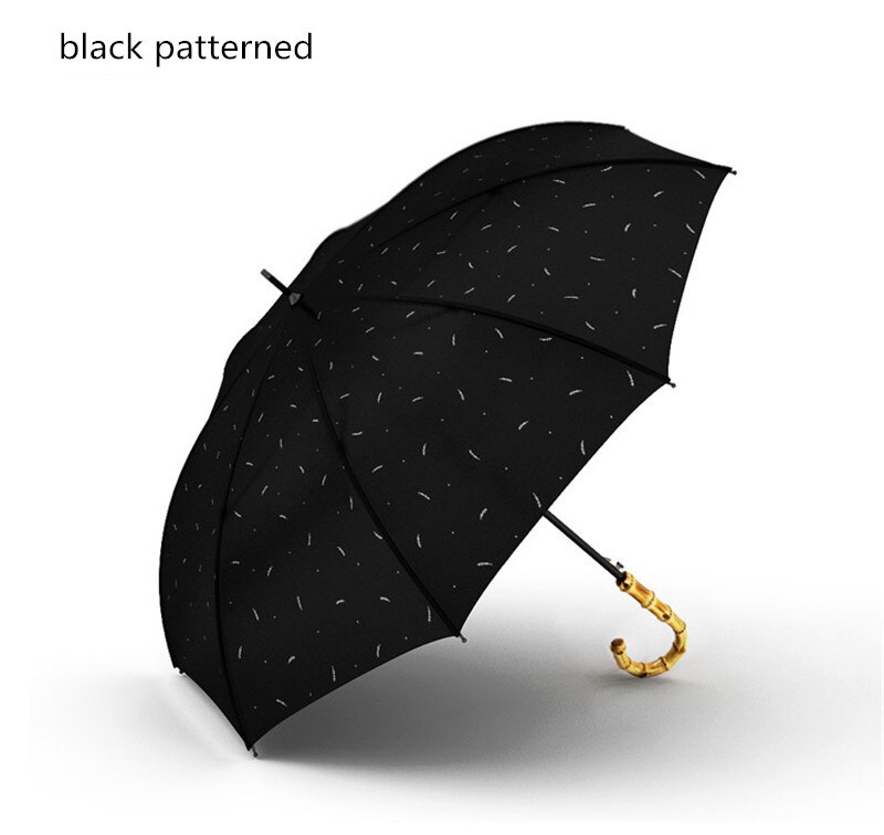 Olycat bambusrør langt træbøjet håndtag vindtæt og uv -bevis store solrige og regnfulde paraplyer til paraply: Sort mønstret