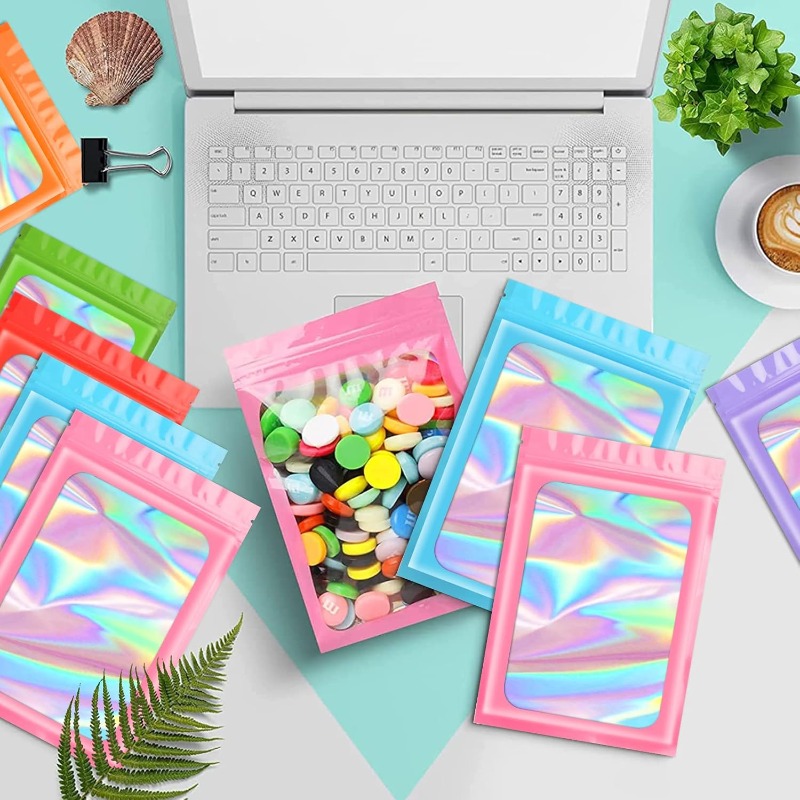 100 szt. Kolorowe Czarne Holograficzne Torebki Mylarowe Samozamykające z Zamkiem Błyskawicznym i Okienkiem, Plastikowe, Zapobiegające Nieprzyjemnym Zapachom