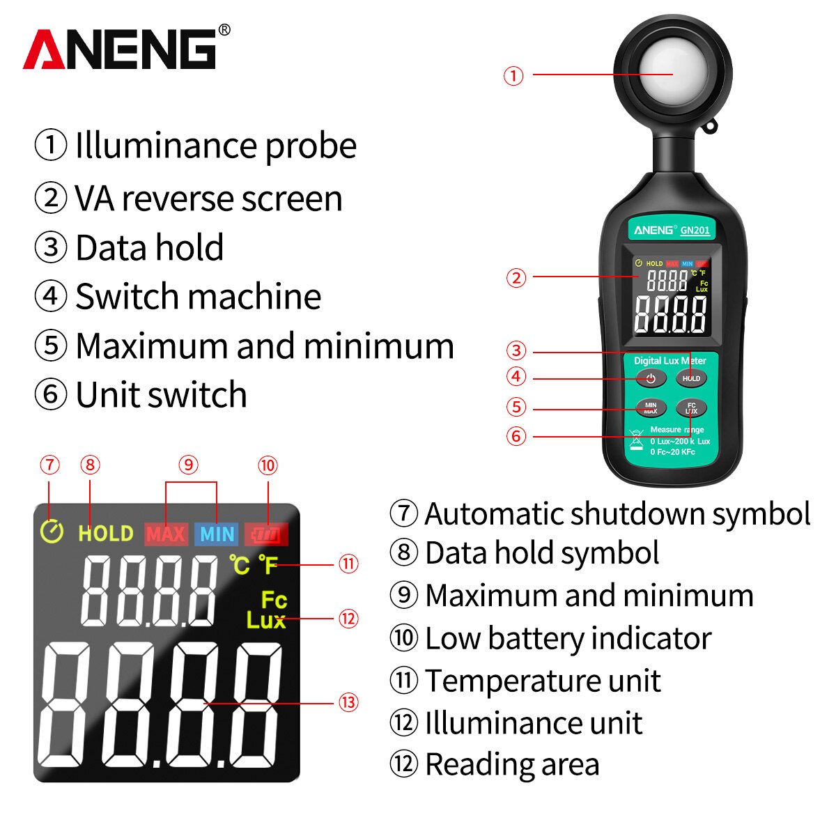 Aneng digital lcd-skjerm håndholdt lysmåler lysmåler fotometer luxmeter lux meter 0-20,0000 lux lysstyrkemåler