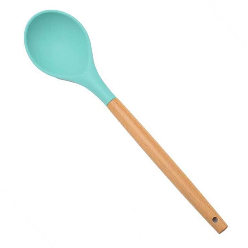 Mint Green Kitchen Utensil Non-Stick Wood Handle Cooking Utensil Premium Silicone Material Baking Spatula Spoon Kitchen Supplies: 3