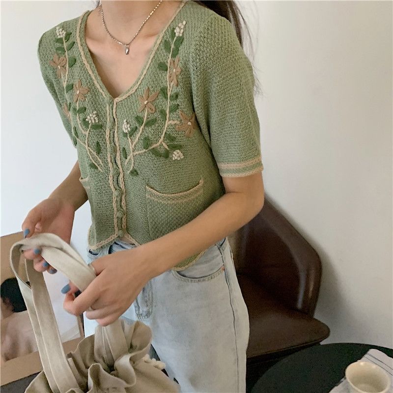 Rebeca de manga corta para mujer, ropa femenina, estética, cuello en V, retales de ocio, bordado con bolsillos de primavera,