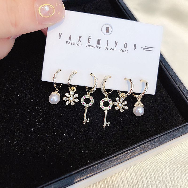 Pearl And Key And Flower Sets Hoop Earrings Sets For Women Gold Color 6-piece Earring Jewellery Accessories