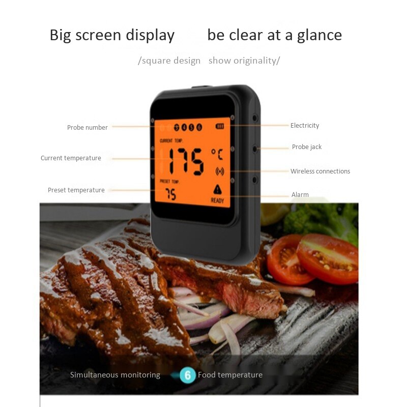 100M Wireless Remote 6 Probe Digital Oven Kitchen Food Thermometer