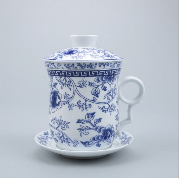 Cuatro juegos de tazas de té de cerámica filtrada, tazas de té y tazas de beber decoración de granja Gaiwan decoración de la habitación de porcelana azul: G